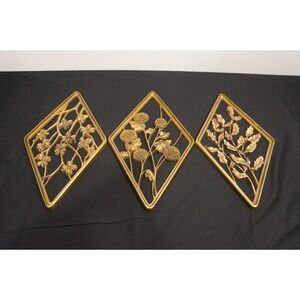 Syroco Wall Art Diamond Floral Holly Bamboo MCM Set 3 Gold Tone